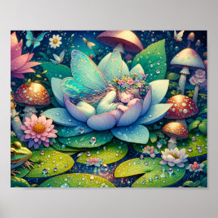 Poster Fée dormant sur un conte de fées de fleurs