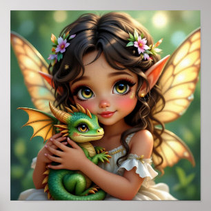 Poster Fée elfe aux yeux marrons et dragon