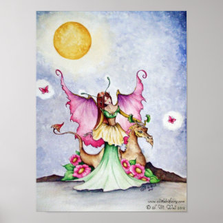 Poster Fée et dragon Lune Amis et Papillons