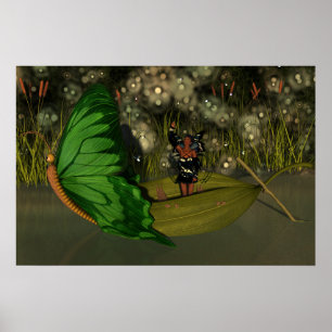 Poster Fée mignonne en bateau avec lucioles