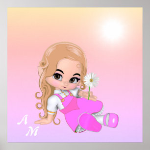 Poster Fée mignonne et monogramme sur les tons roses