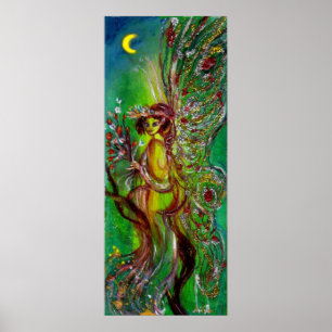 POSTER FÉE VERTE AVEC ÉTINCELLES D'OR AU CLAIR DE LUNE