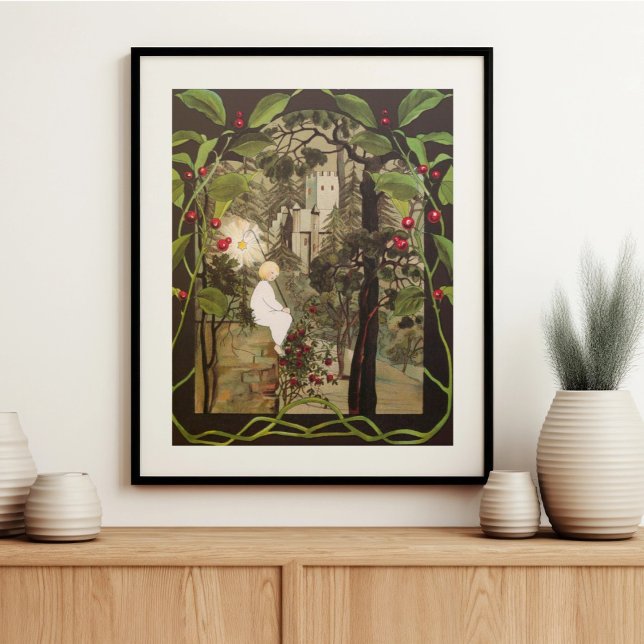 Poster Fée vintage dans la forêt enchantée avec château (Créateur téléchargé)