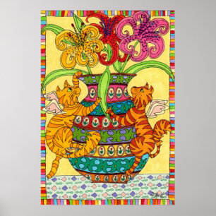 Poster Fées de chats avec Vase ornée de lys