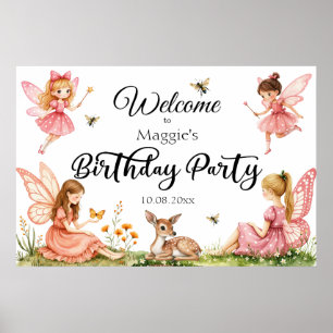 Poster Fées roses Woodland Deer Birday Party Bienvenue