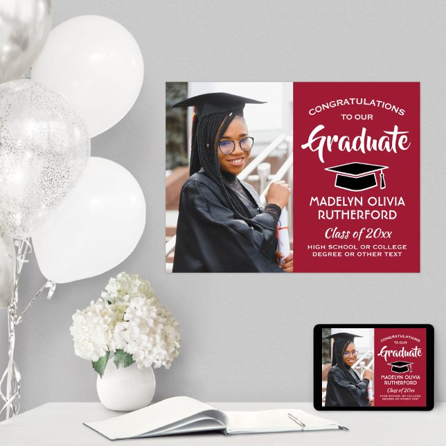 Poster Félicitations Photo Rouge noir et blanc Graduation (Créateur téléchargé)