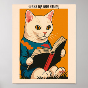 Poster Félin lisant avec un livre — Réveillez-vous et étu
