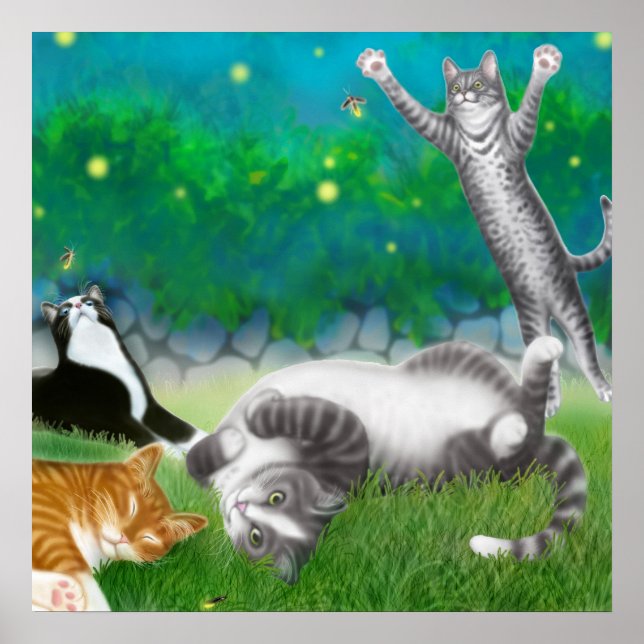 Poster Feline Fun with Fireflies (Devant)