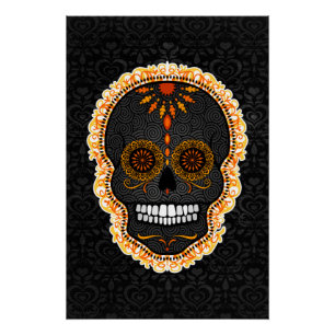 Poster Feliz Muertos - Crâne de sucre noir et orange Dama