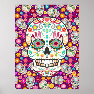 Poster Feliz Muertos - Crânes de sucre festif sur violet