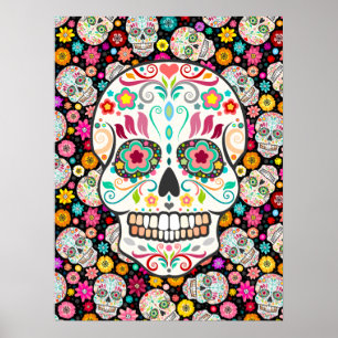 Poster Feliz Muertos - Crânes de sucre sur Noir
