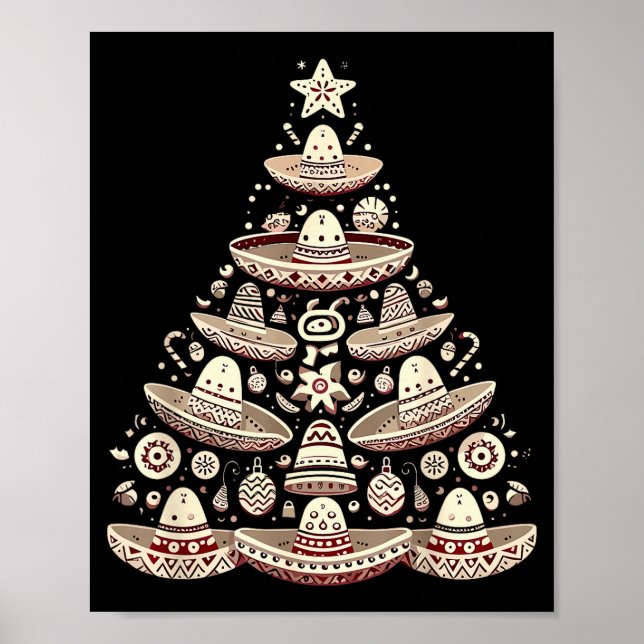 Poster Feliz Navidad Mexican Sombrero Christmas Tree Men  (Devant)