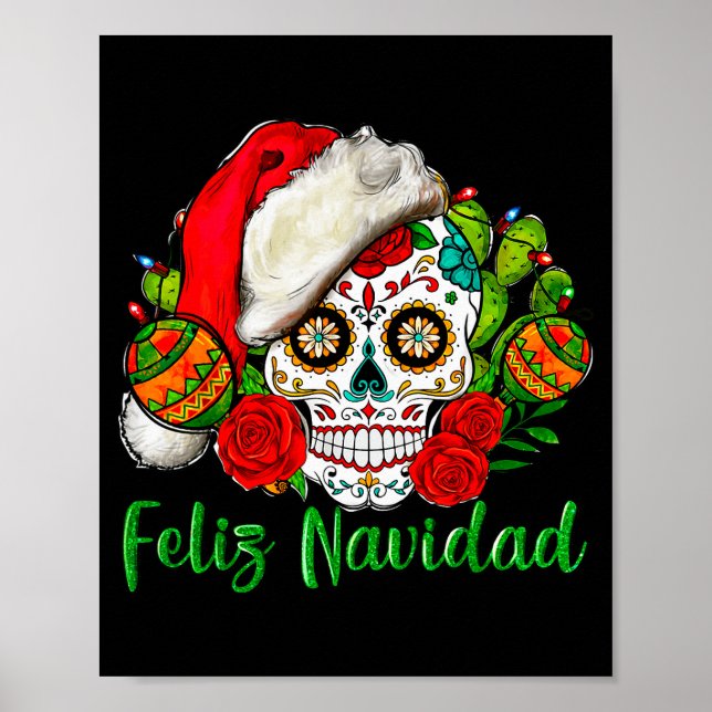 Poster Feliz Navidad Sugar Skull Mexican Christmas  (Devant)