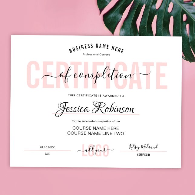 Poster Feminine Pink Certificate Award Downloadable (Modern blush pink and white certificate of completion - can be ordered printed or downloadable)