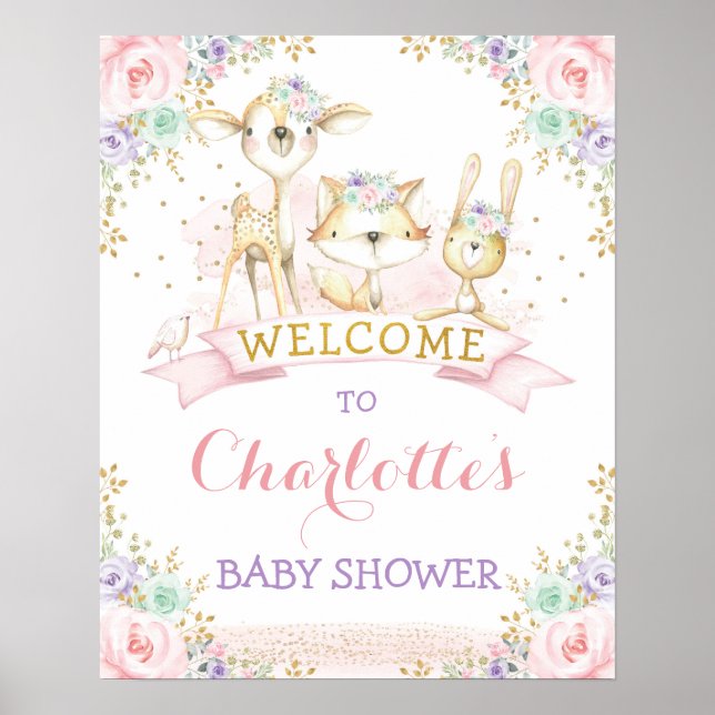 Poster Feminine Rose Purple Mint Bois Animaux Bienvenue (Devant)