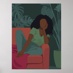 Poster Femme à boucles noires avec plantes verts viridien