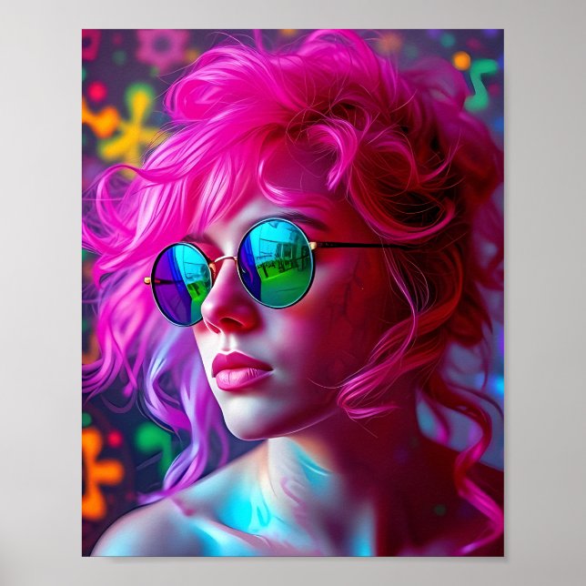 Poster Femme à cheveux roses avec lunettes réfléchissante (Devant)