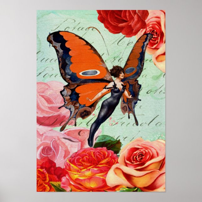 Poster Femme à papillon hybride animal humain avec Rose (Devant)
