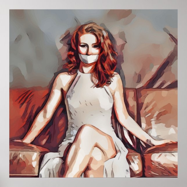 Poster Femme À Tête Rouge Assis Avec La Bouche Couverte (Devant)