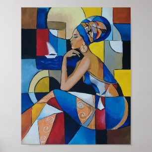 Poster Femme africaine au bord de la mer Portrait Abstrai