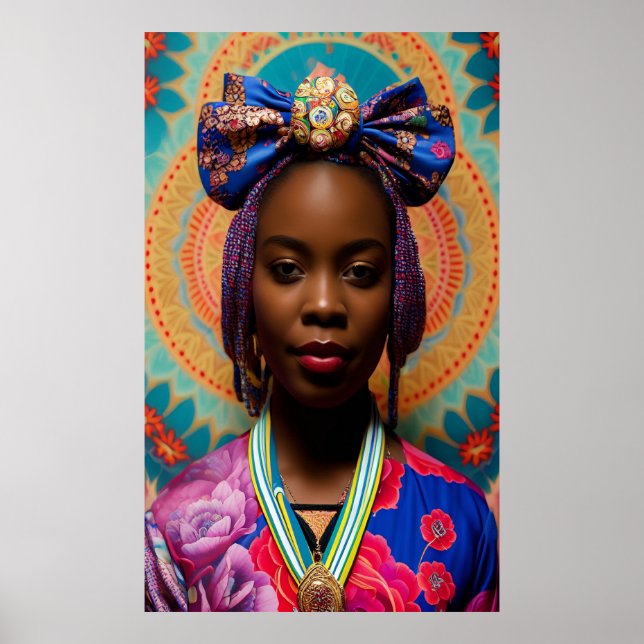 Poster Femme africaine avec grand arc et médaillon (Devant)