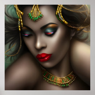 Poster Femme africaine exotique belle lèvres rouges or ve