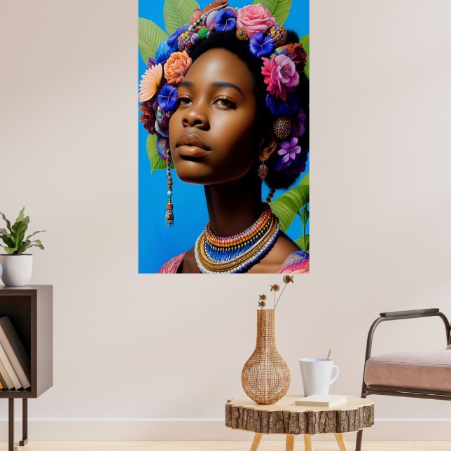 Poster Femme africaine tribale avec des fleurs aux cheveu (Salon 3)