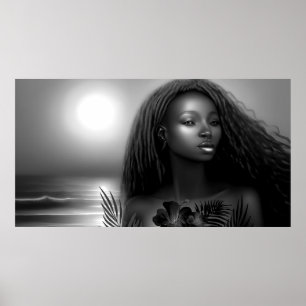 Poster femme afro-américaine clair de lune plage monochro
