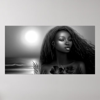 Poster Femme afro-américaine plage au clair de lune Monoc