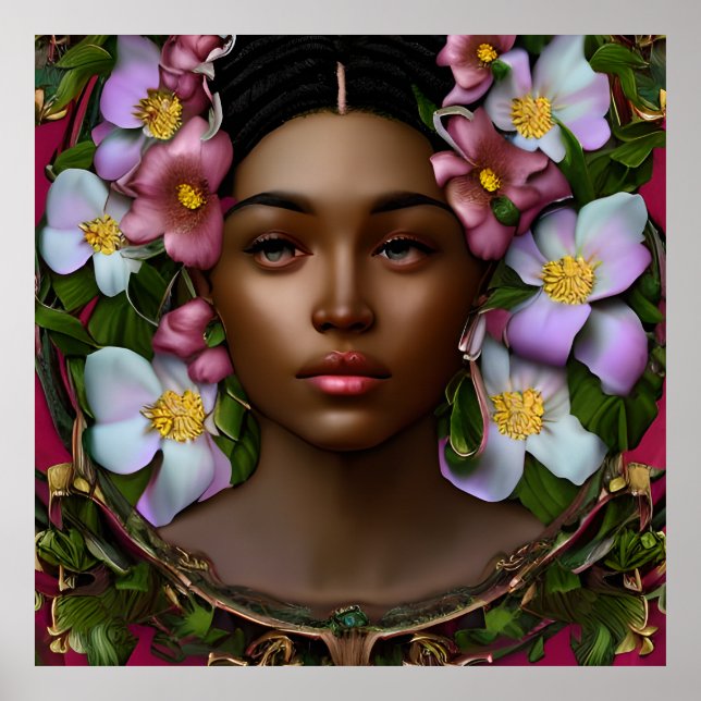 Poster Femme afro-américaine sereine avec fleurs (Devant)