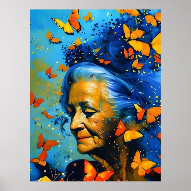 Poster Femme Âgée Avec Papillons (Devant)