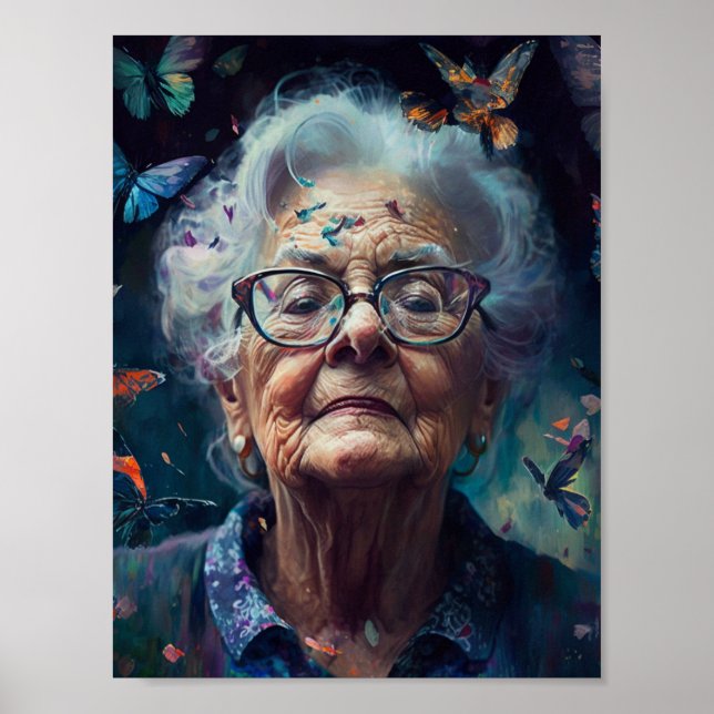 Poster Femme Âgée Avec Papillons (Devant)