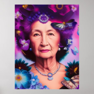 Poster Femme âgée avec papillons et fleurs