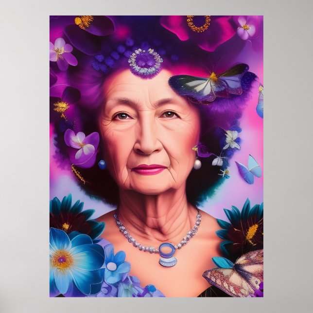 Poster Femme âgée avec papillons et fleurs (Devant)