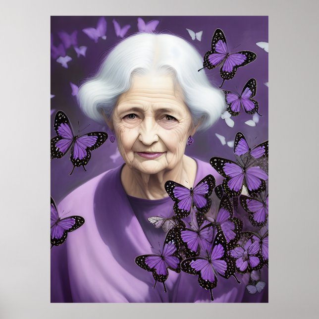 Poster Femme Âgée Avec Papillons Violets (Devant)