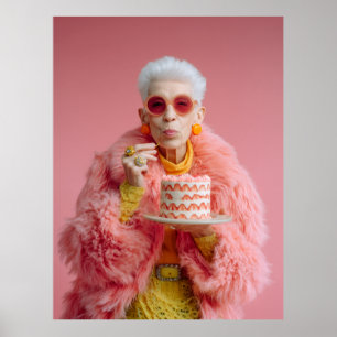 Poster Femme âgée élégante mangeant du gâteau dans la mod