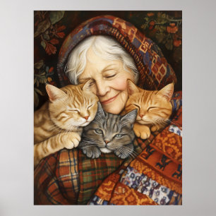 Poster Femme Âgée Embrasser Trois Chats Cosy