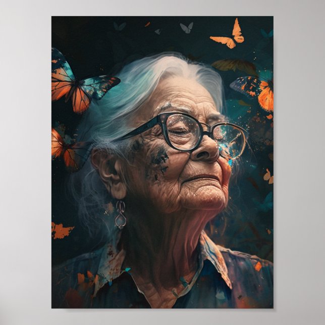 Poster Femme Âgée En Verres Avec Papillons (Devant)