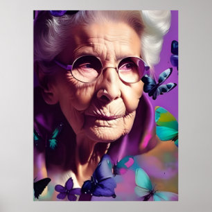 Poster Femme âgée en violet avec papillons