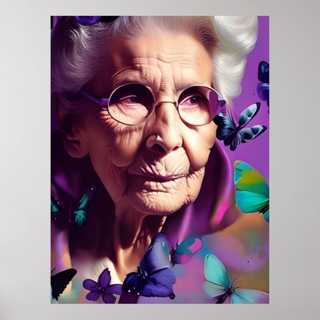 Poster Femme âgée en violet avec papillons (Devant)