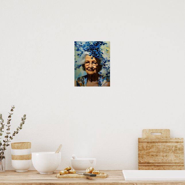 Poster Femme âgée et papillons bleus (Cuisine)
