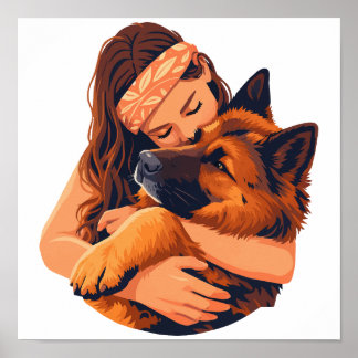 Poster Femme aimante étreignant un chien Berger Allemand
