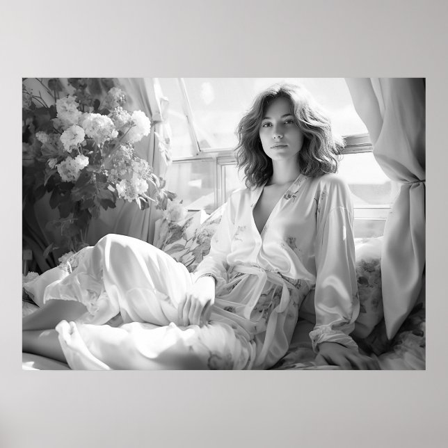 Poster Femme allongée sur des feuilles de soie blanche B& (Devant)