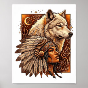 Poster Femme amérindienne indienne avec Vitag loup blanc