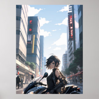 Poster Femme Anime à vélo centre-ville - Ultra grand