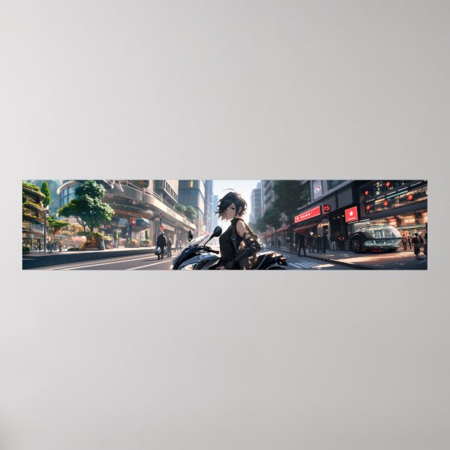 Poster Femme Anime à vélo centre-ville - Ultra large (Devant)