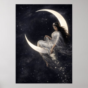 Poster Femme Art Nouveau céleste sur croissant de lune