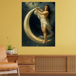 Poster Femme Art Nouveau chevauchant un croissant de lune