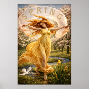 Poster Femme Art Nouveau dans une prairie fleurie