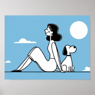 Poster Femme assise avec chien sous la lune